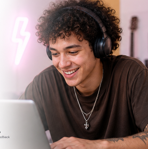 Independent music creator producing a track at a laptop